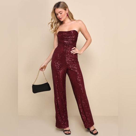 Lulus Pants - LULU’S GLORIOUS VISION SEQUIN STRAPLESS WIDE LEG JUMPSUIT